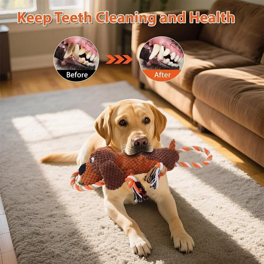 Plush Dog Toys with Rope, Squeaker & Crinkle Paper Interactive Squeaky Chew